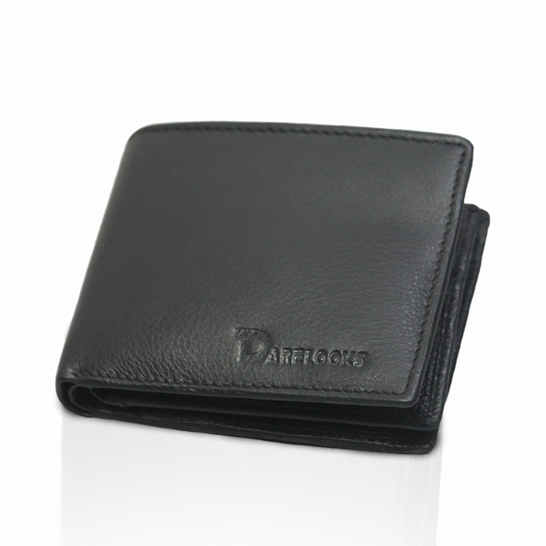 Black genuine leather bi-fold 10 compartment wallet for men's